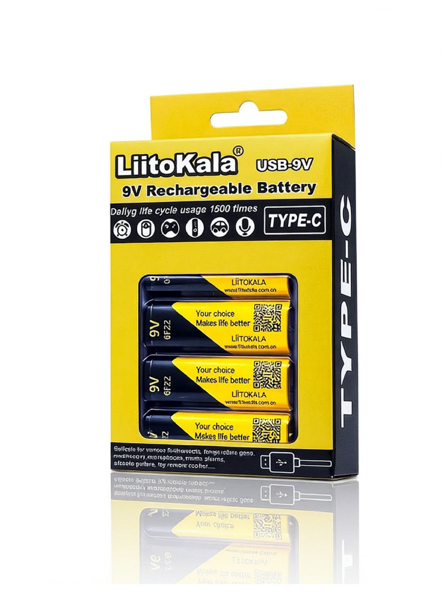 Набор LiitoKala USB-9V (4 аккумулятора 9V + кабель Type-C), перезаряжаемые батарейки Крона