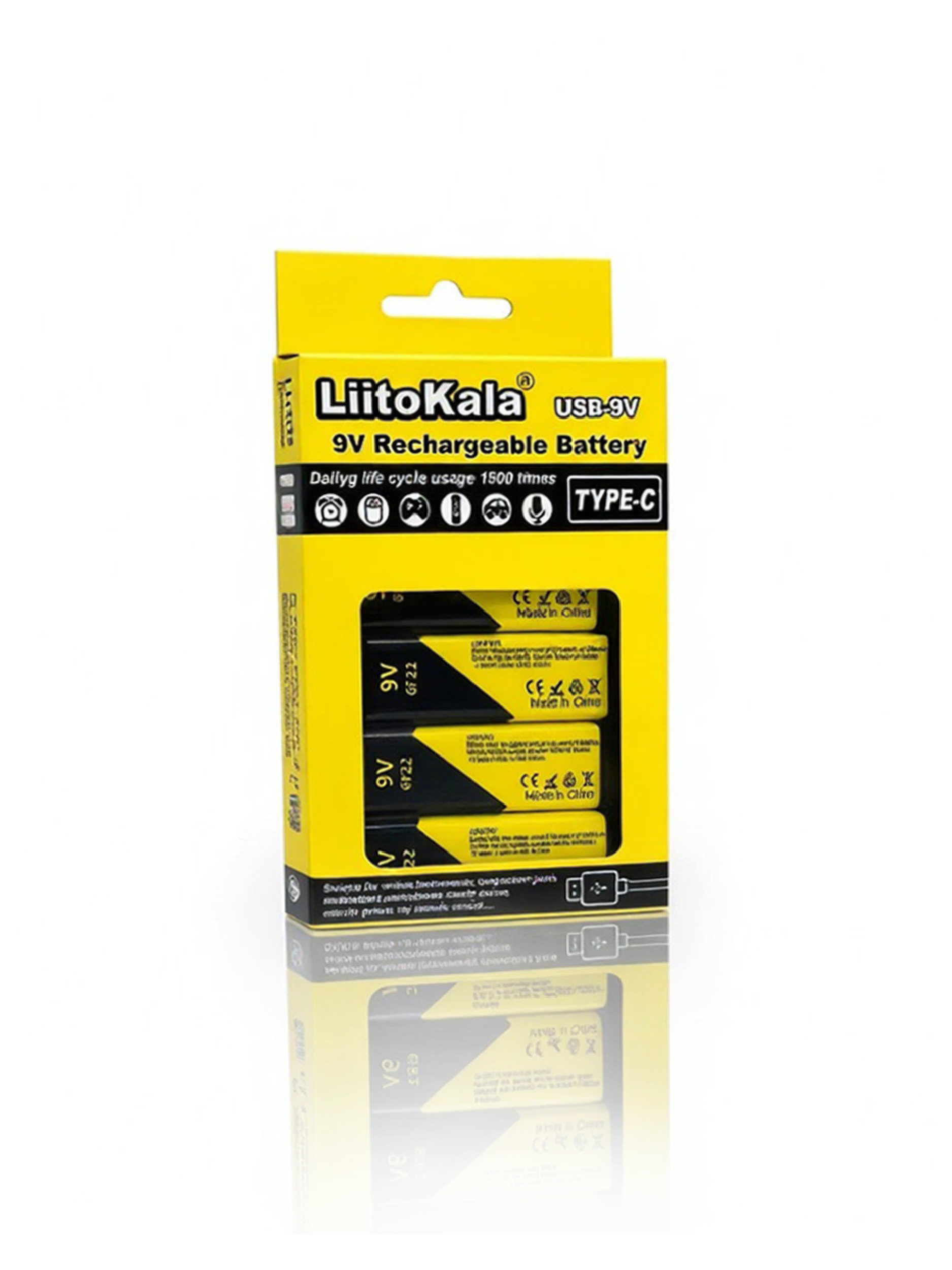 Набор LiitoKala USB-9V (4 аккумулятора 9V + кабель Type-C), перезаряжаемые батарейки Крона