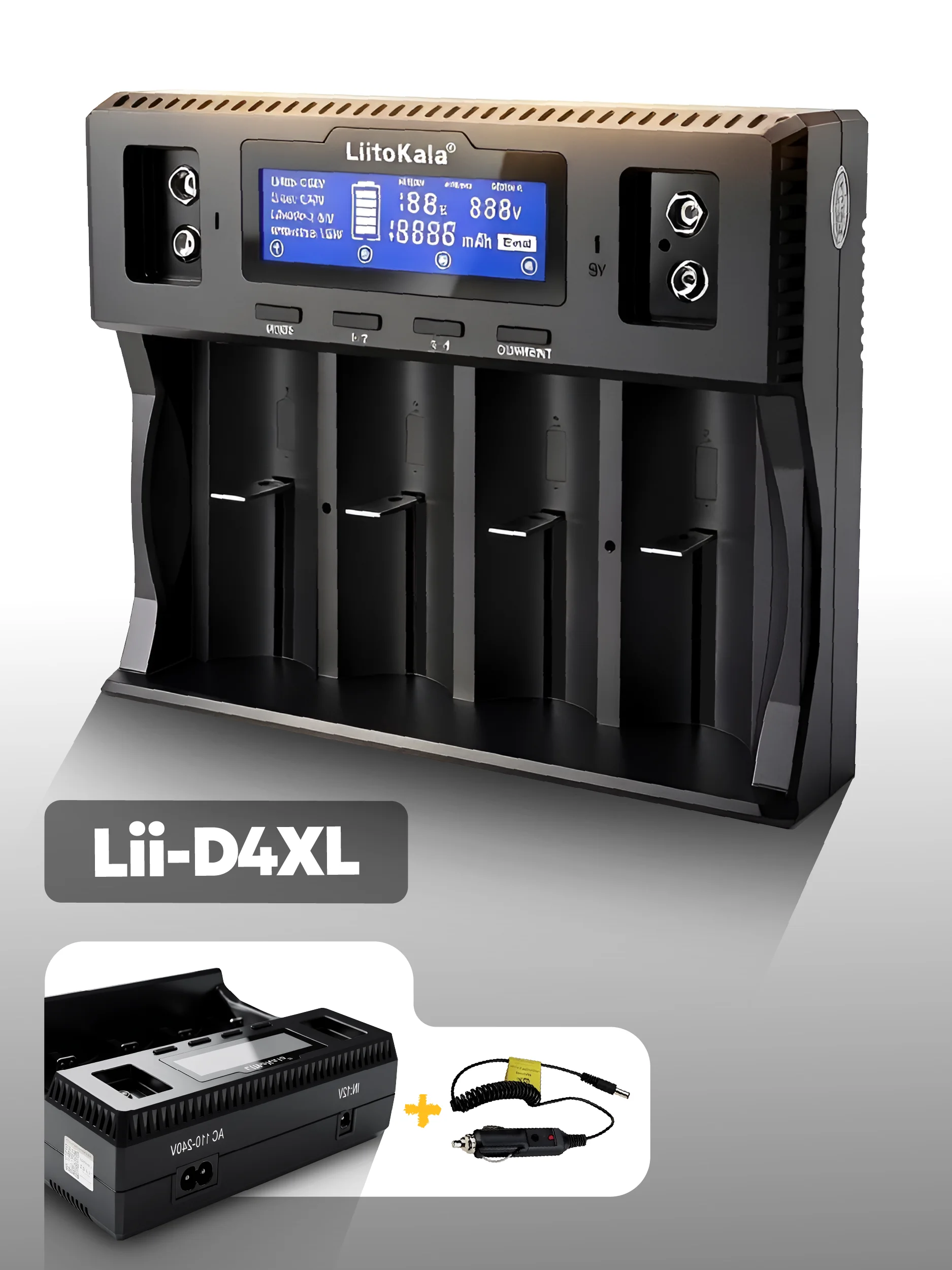 Зарядное устройство для аккумуляторов LiitoKala Lii-D4XL, с адаптером 12В