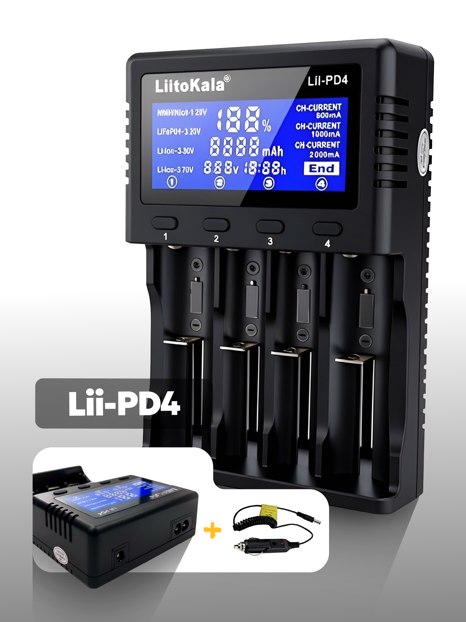 Зарядное устройство для аккумуляторов LiitoKala Lii-PD4, с адаптером 12В