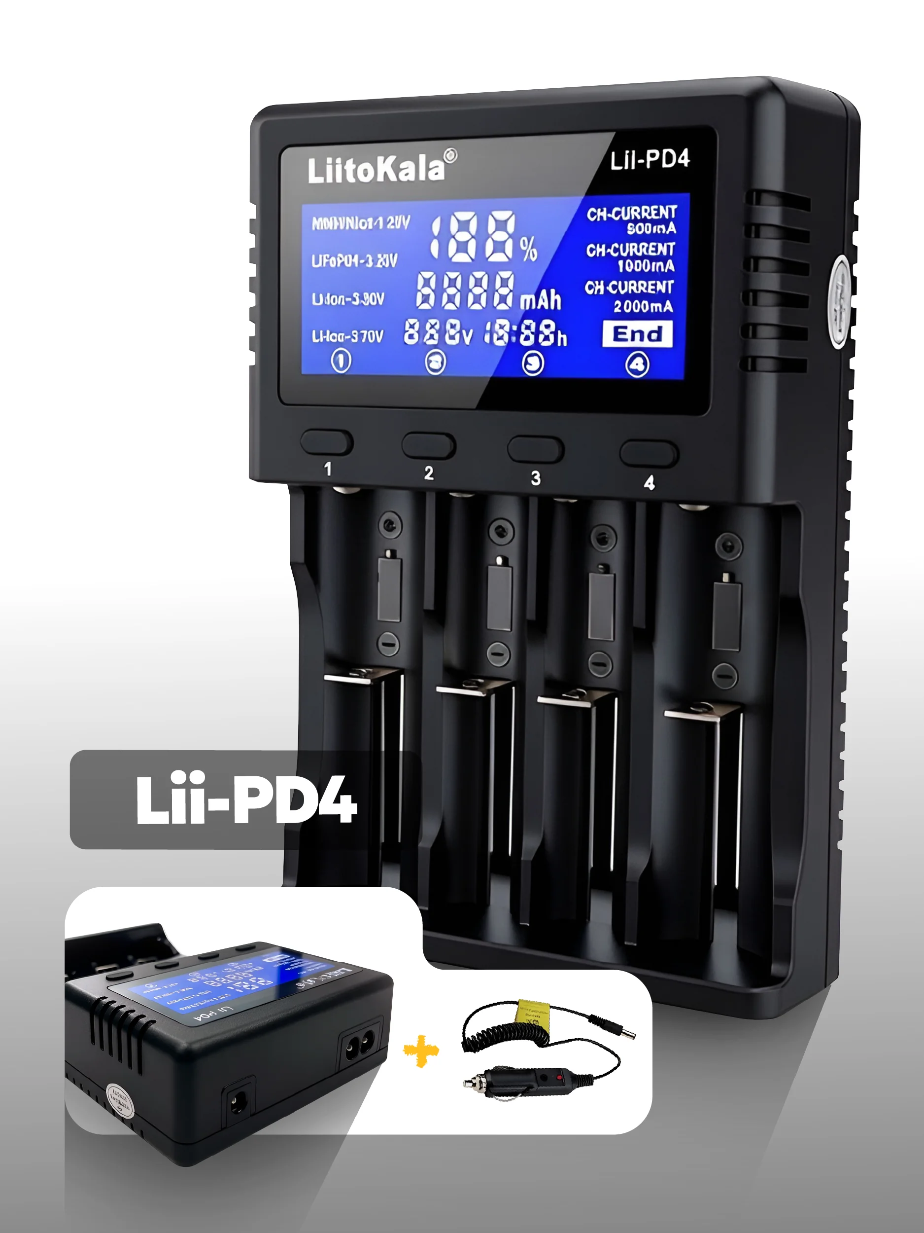 Зарядное устройство для аккумуляторов LiitoKala Lii-PD4, с адаптером 12В